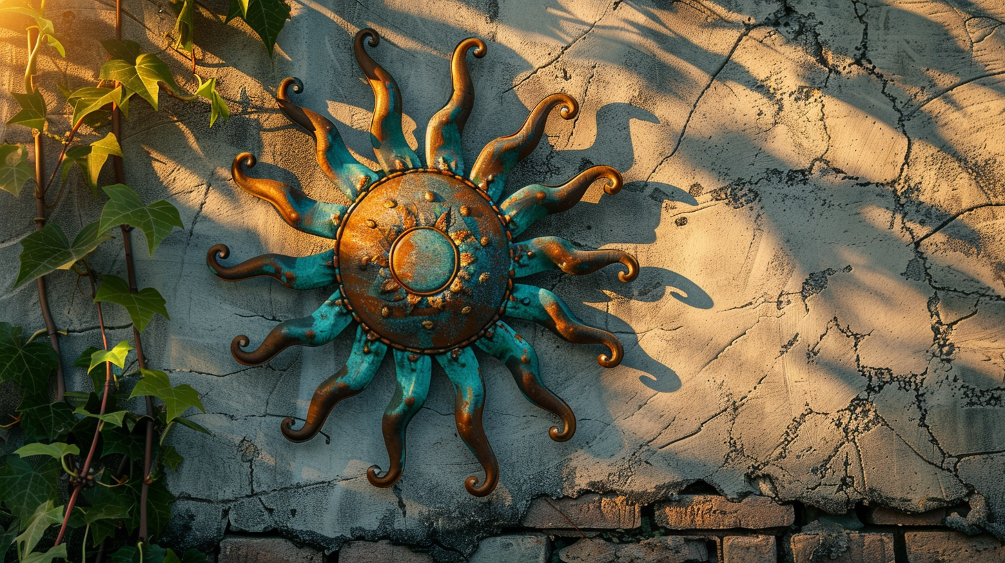 Rustic Sun Wall Metal Sign Turquoise Bronze Outdoor Wall Decor Handmade Aluminum UV Printed Sun Sculpture for Patio Garden Porch Yard Art