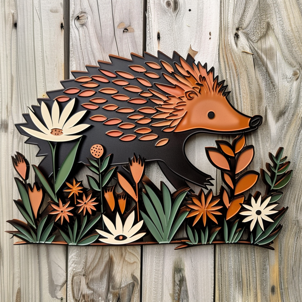 Hedgehog Metal Wall Art, Woodland Animal Decor, Rustic Garden Hedgehog Sign, Cute Floral Wall Art for Patio, Nursery, Farmhouse Gift Decor