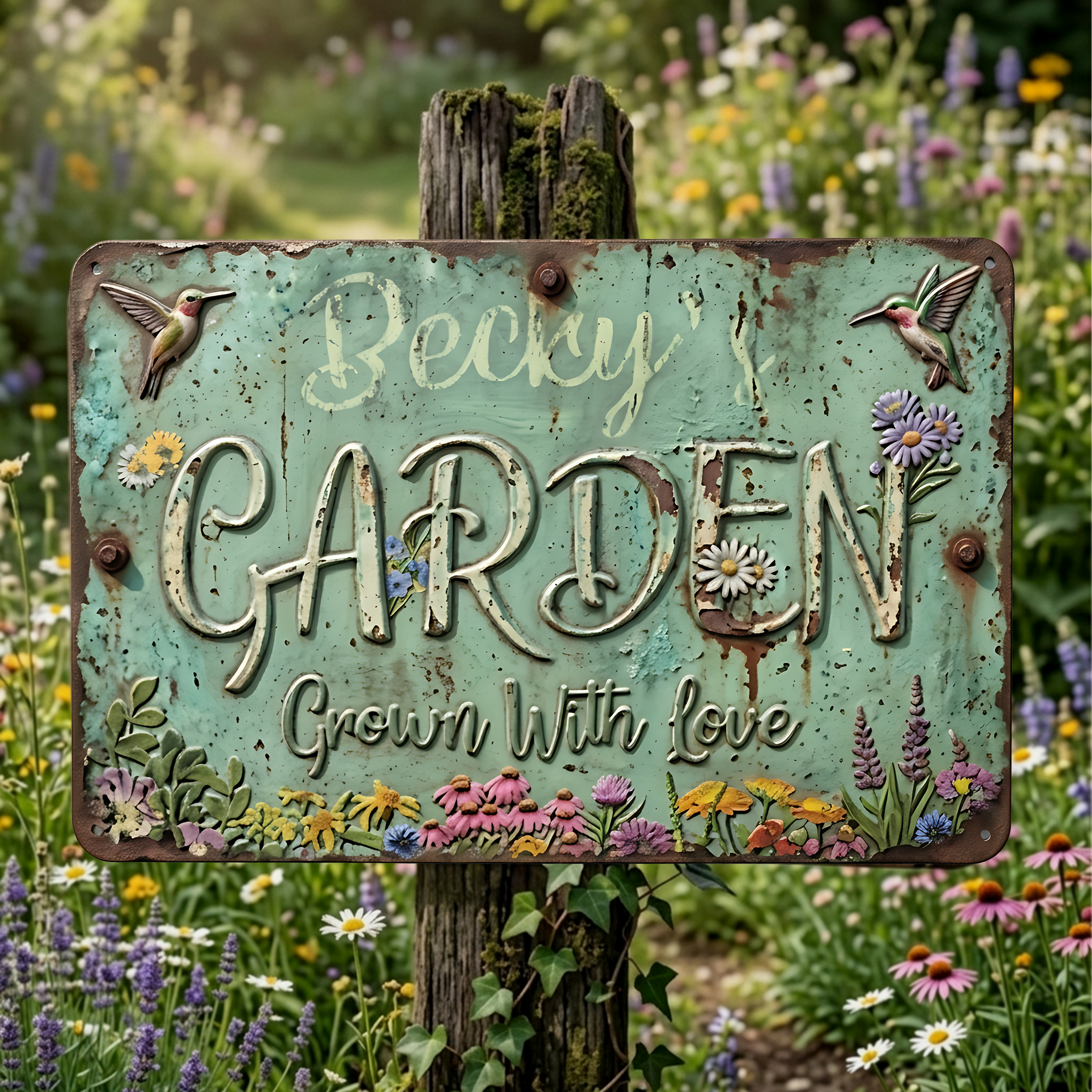 Metal TrPersonalized Metal Garden Sign Custom Name Garden Plaque Mint Green Rustic Farmhouse Decor Hummingbird Yard Art Gift for Gardener Momee