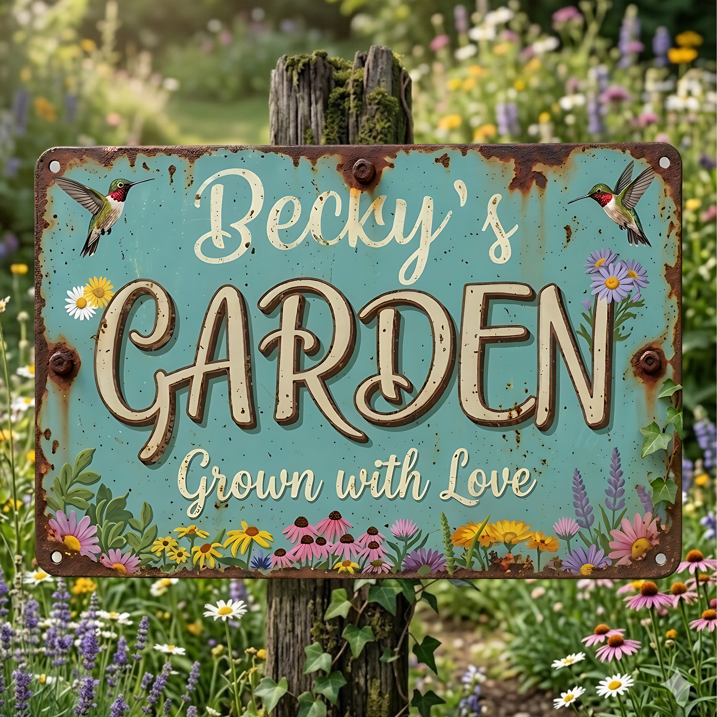 Metal TrPersonalized Metal Garden Sign Custom Name Garden Plaque Mint Green Rustic Farmhouse Decor Hummingbird Yard Art Gift for Gardener Momee
