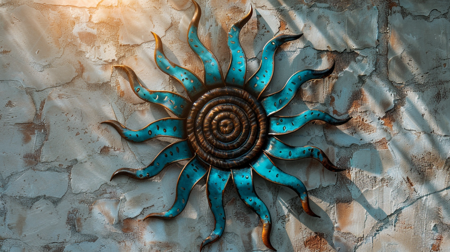 Spiral Sun Wall Metal Sign Rustic Turquoise Bronze Outdoor Wall Decor Handmade Sun Sculpture Gift for Patio Garden Courtyard