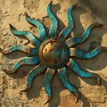 Rustic Sun Wall Metal Sign Turquoise Bronze Outdoor Wall Decor Handmade Aluminum UV Printed Sun Sculpture for Patio Garden Porch Yard Art