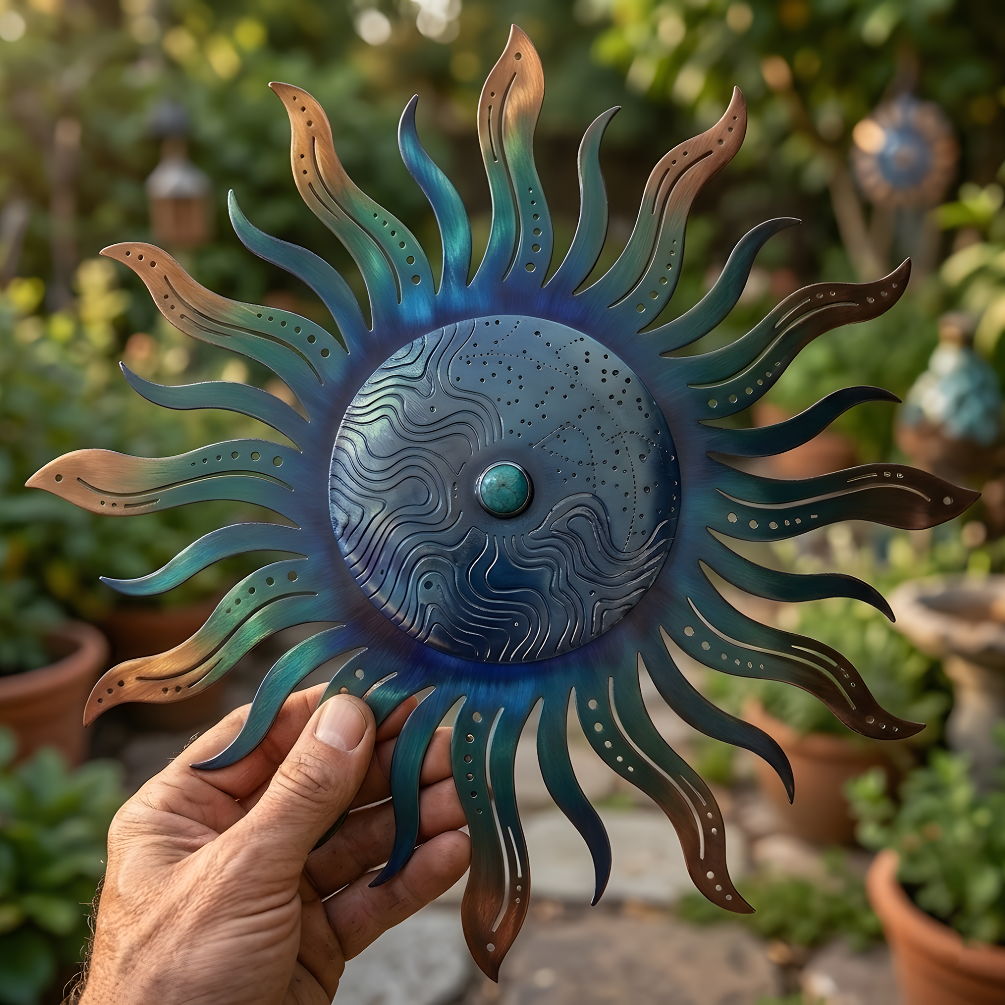 Metal Sun Wall Art Blue Green Celestial Decor Outdoor Garden Patio Hanging Aluminum UV Printed Sun Sign Rustic Wall Hanging for Fence Porch