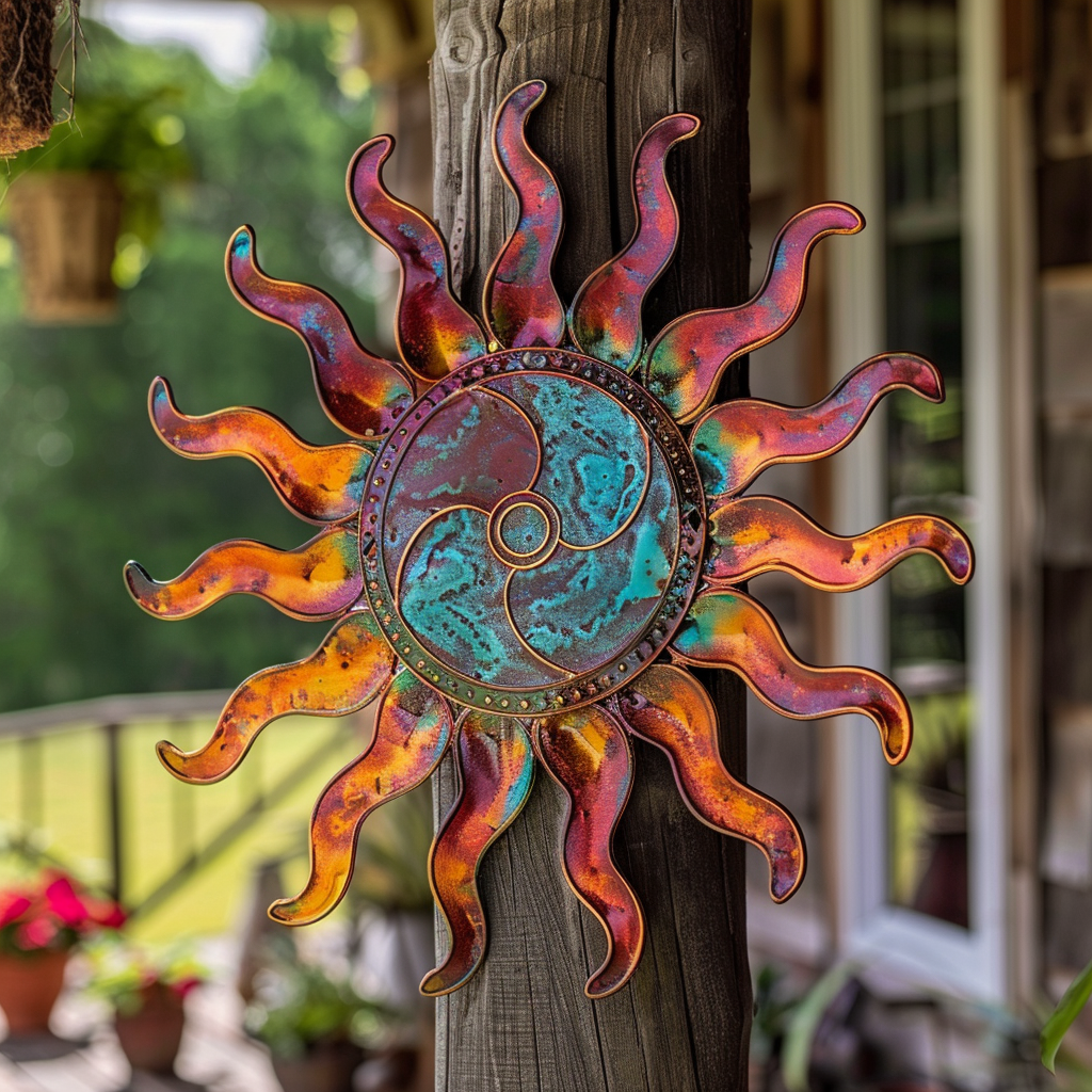 Metal Sun Wall Art Outdoor Garden Decor Celestial Sun Hanging Patio Porch Fence Rustic Boho Colorful Metal Wall Sculpture for Yard Gift