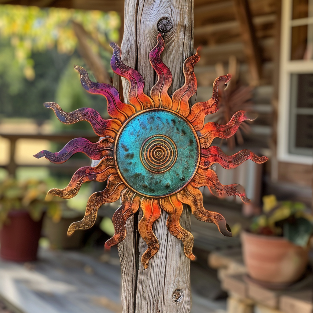 Metal Sun Wall Art Outdoor Garden Decor Celestial Sun Hanging Patio Porch Fence Rustic Boho Colorful Metal Wall Sculpture for Yard Gift