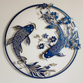 Koi Fish Metal Wall Art, Round Blue Floral Metal Sign, 2D Aluminum Wall Decor, Japanese Koi Fish Decor, Zen Home Gift
