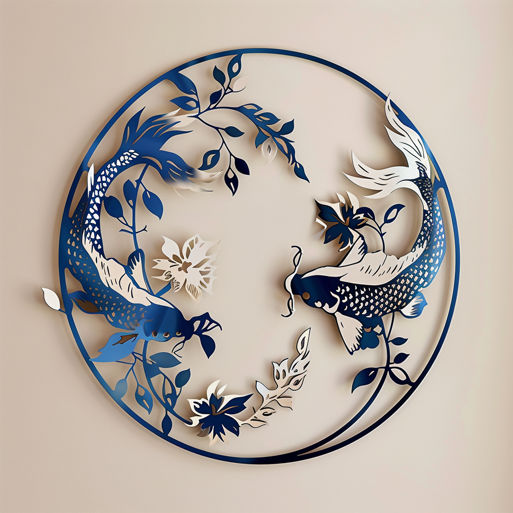 Koi Fish Metal Wall Art, Round Blue Floral Metal Sign, 2D Aluminum Wall Decor, Japanese Koi Fish Decor, Zen Home Gift