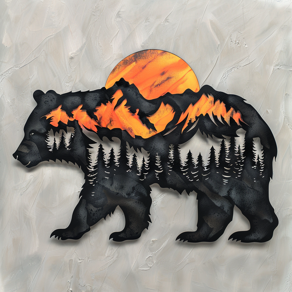 Black Bear Metal Wall Art, Mountain Forest Scene, Rustic Cabin Decor, Wildlife Nature Sign, Lodge Wall Hanging, Cabin Housewarming Gift