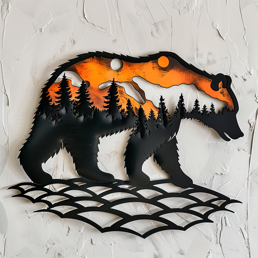 Black Bear Metal Wall Art, Mountain Forest Scene, Rustic Cabin Decor, Wildlife Nature Sign, Lodge Wall Hanging, Cabin Housewarming Gift