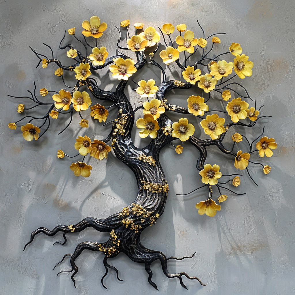 Gold Flower Tree Metal Wall Art, Elegant Black and Gold Floral Sculpture, Modern Rustic Wall Decor, Living Room Housewarming Gift Decor