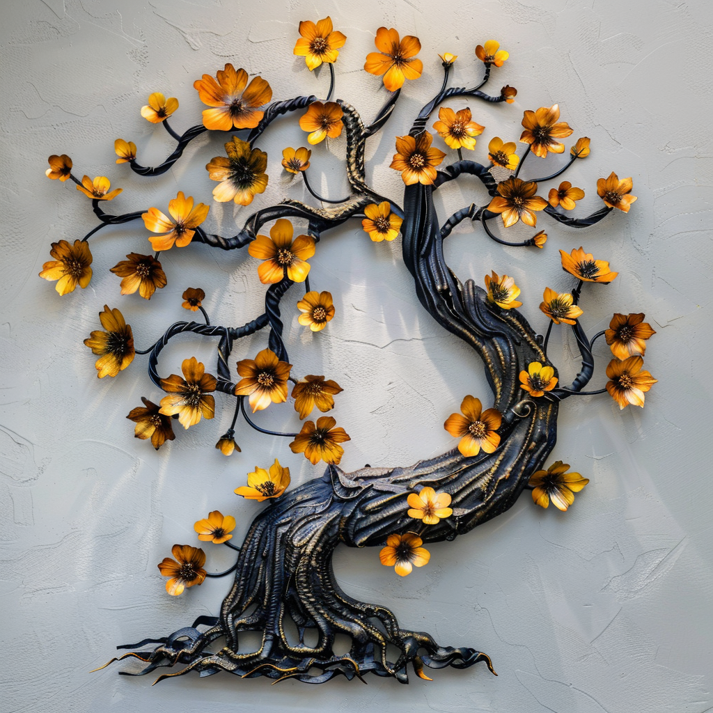Gold Flower Tree Metal Wall Art, Elegant Black and Gold Floral Sculpture, Modern Rustic Wall Decor, Living Room Housewarming Gift Decor