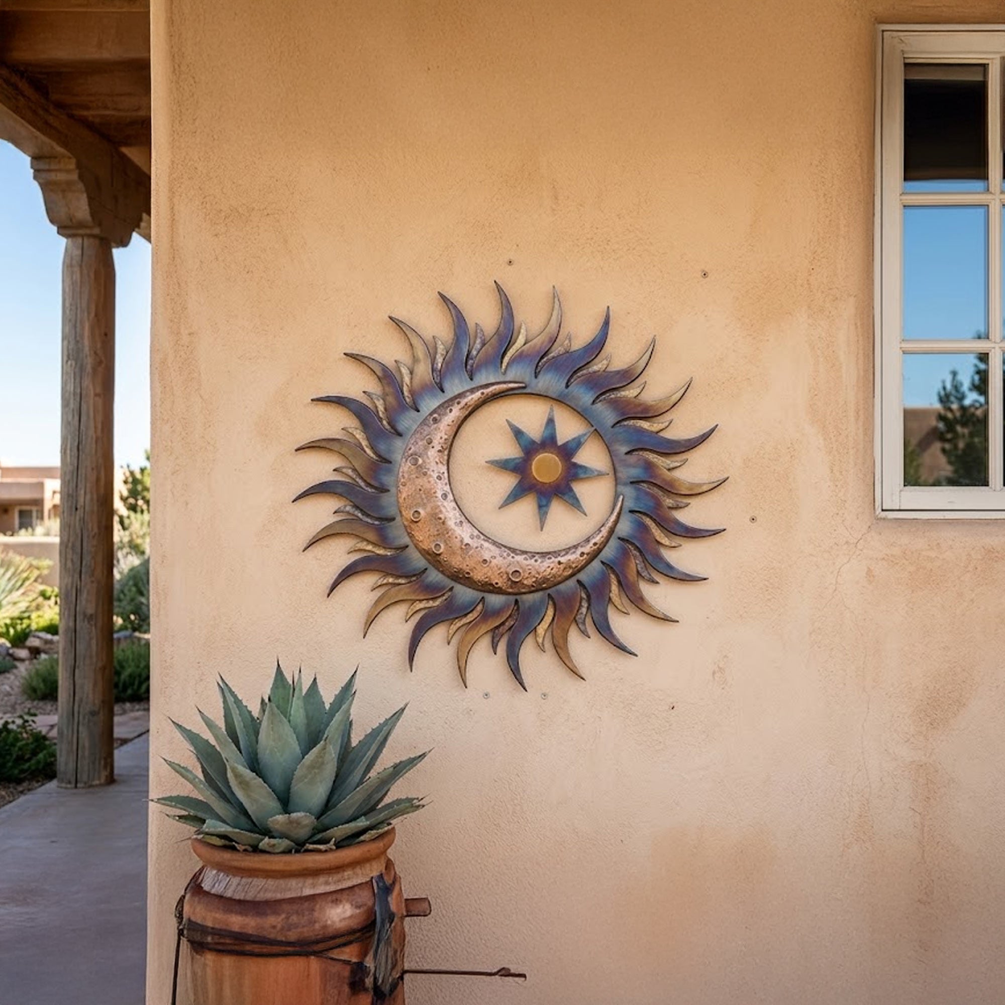 Metal Sun Moon Wall Art Outdoor Metal Sun Decor Boho Celestial Wall Hanging for Garden Patio Home Aluminum UV Printed Metal Sign Unique