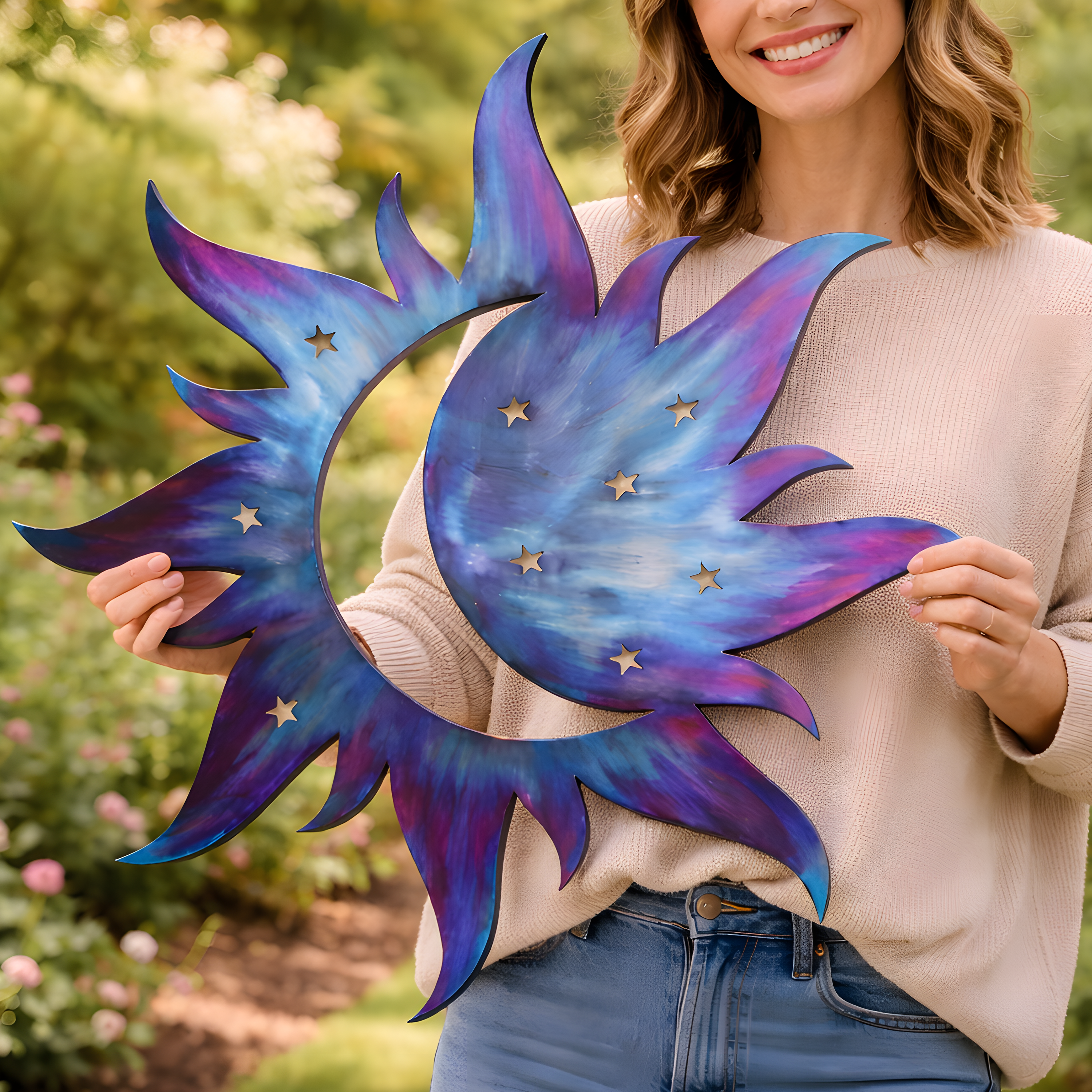 Metal Sun Moon Wall Art Blue Celestial Decor Outdoor Garden Patio Hanging Aluminum UV Printed Moon and Sun Sign for Patio Gift