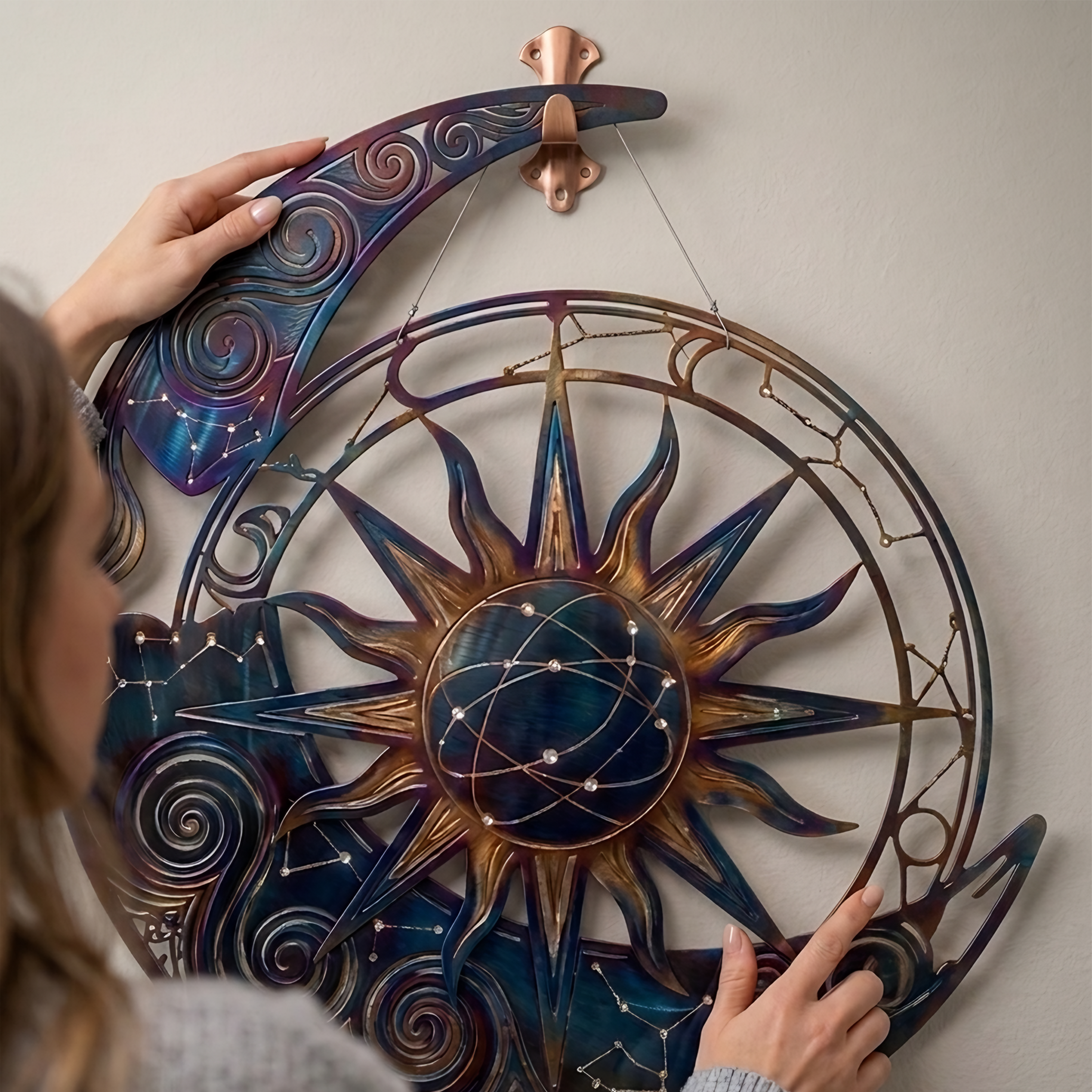 Metal Moon Sun Wall Art Celestial Outdoor Decor Blue Galaxy Hanging Aluminum UV Printed Garden Patio Porch Fence Sign Housewarming Gift