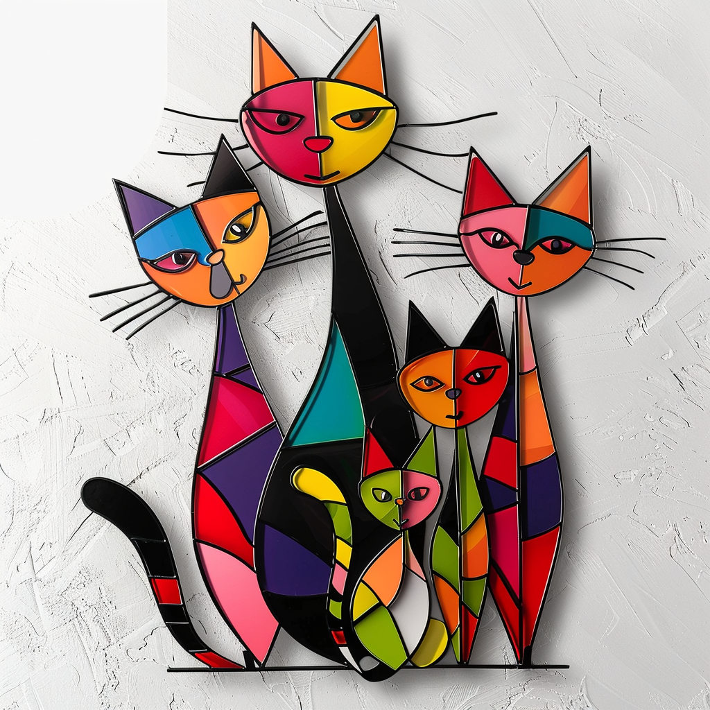 Colorful Cat Family Metal Wall Art, Abstract Feline Decor, 2D Aluminum Cat Sign, Cute Pet Lover Gift for Living Room, Nursery Wall Decor